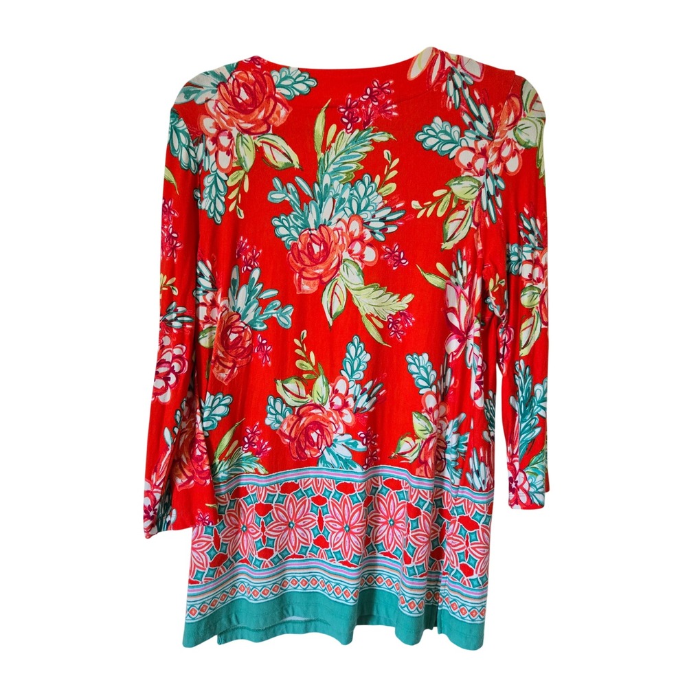 Pappagallo Womens Red Floral Geometric Border Split‎ V-Neck 3/4 Sleeve Tunic Top